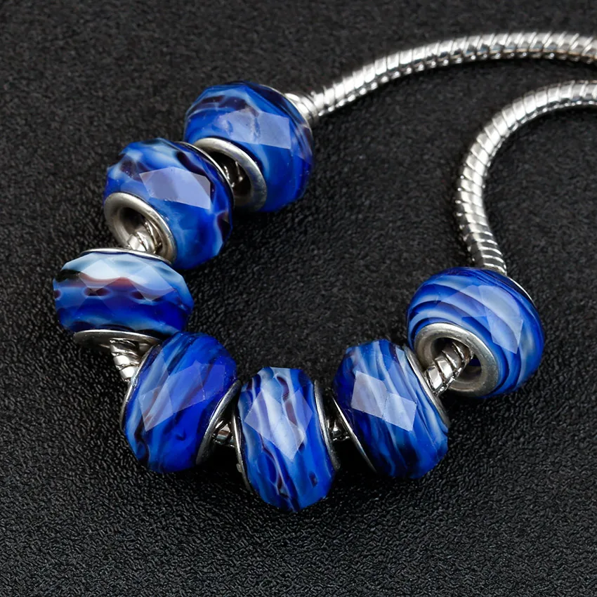 

10pcs a lot Crystal Blue Faceted Glass Beads Fit For Pandora Charms Bracelet Big Hole Bead DIY European Murano jewelry making