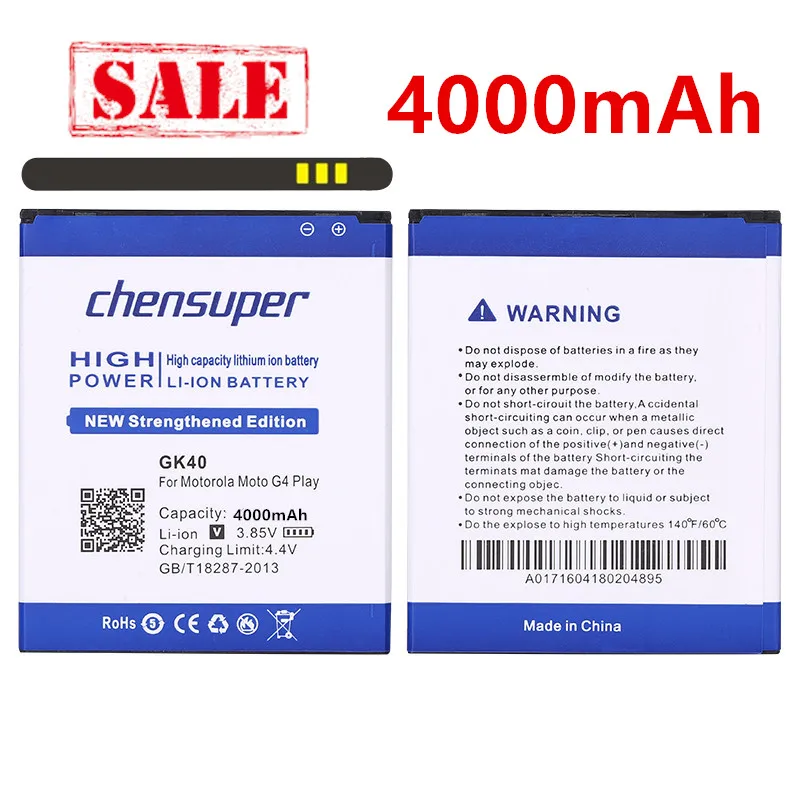 

Аккумулятор chensuper 100% мА · ч, для MOTOROLA MOTO G4 PLAY XT1600, XT1609, XT1607, GK40, MOT1609BAT M0T1609BAT