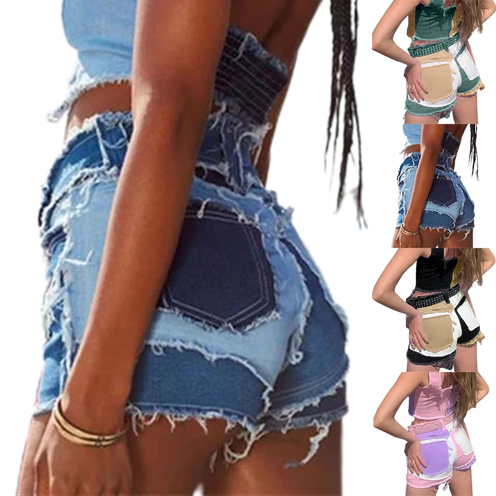 

Vintage Mid-rise Skinny Women's Denim Shorts Fashion Denim Causal Woman Splicing Tassel High Quality Harajuku Pants