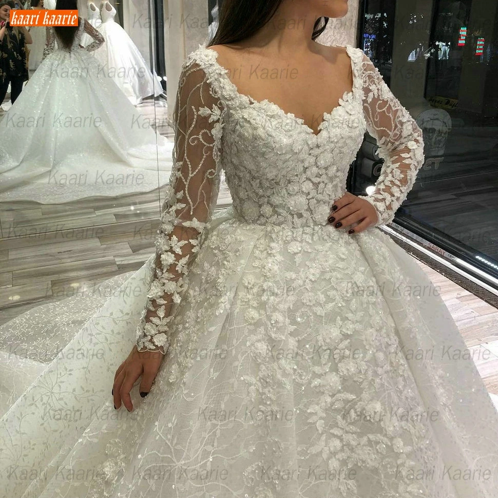 Luxury Lace Wedding Dresses Long Sleeves 2021 robe de mariage Beaded Appliqued Ball Gown Bridal Dresses Arabian vestido de noiva images - 6