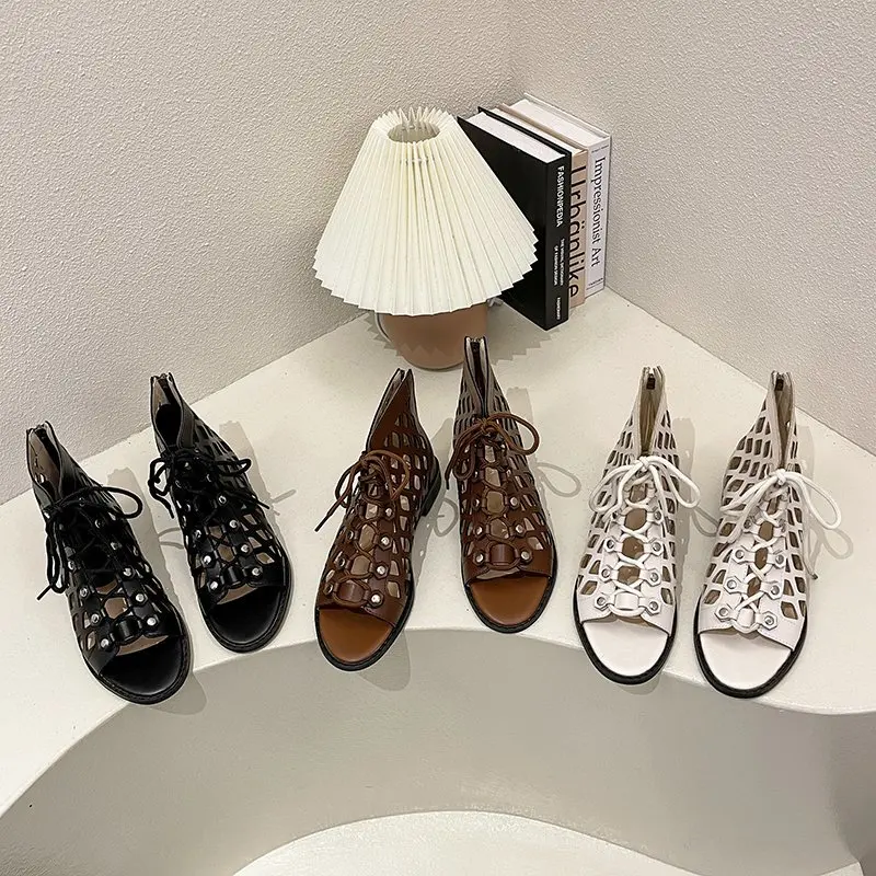 

Summer Black Fashion Roman Shoes Women Hollow Out Lace-up Women's Sandals Comfort Low Heel Women Sandals Shoes sandalias mujer