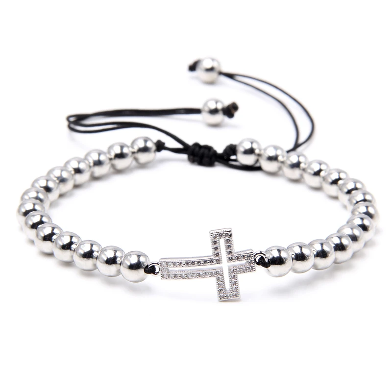 Набор из 3-х серебристых браслетов с очаровательными кулонами в виде старинного креста, совы и камней гематита для мужчин в подарок.