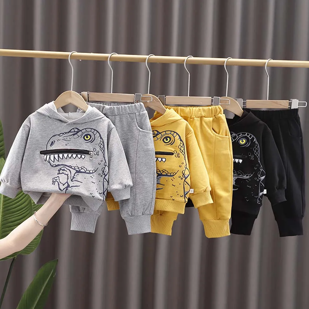 

Женский комплект одежды из 2 предметов для мальчиков, Осенний свитшот с длинным рукавом с капюшоном и штаны, хлопковый наряд с мультяшным ри...