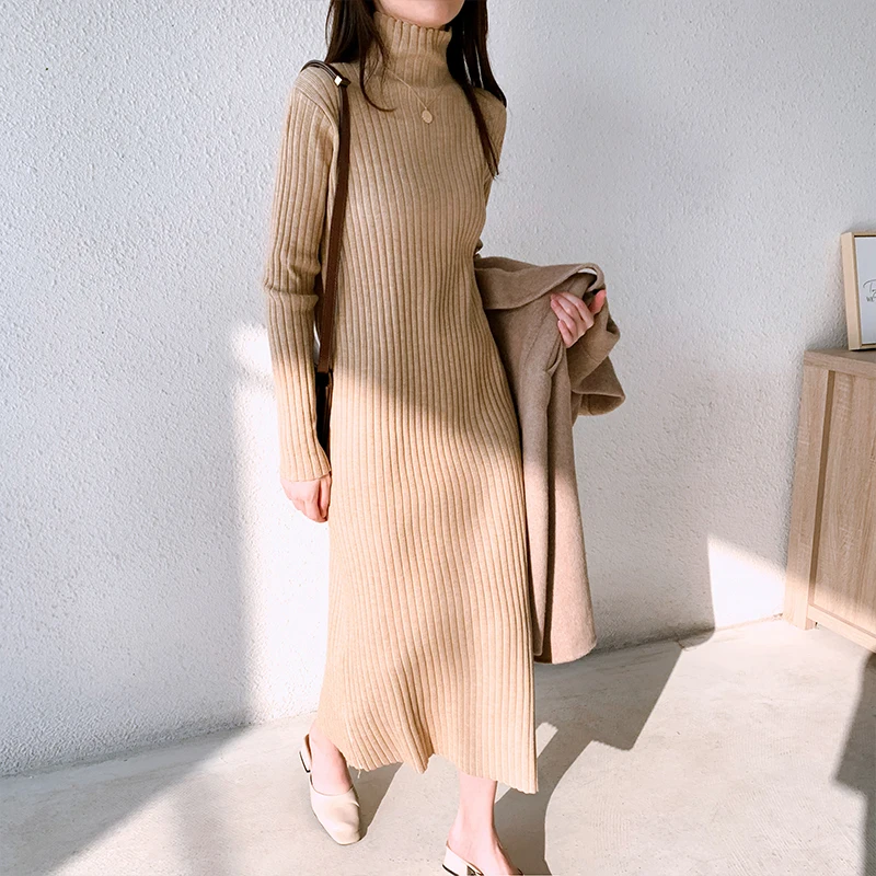 

PLAMTEE 2022 Hot Autumn Women Sweater Dress Turtleneck Solid Color Mid-Length Straight Fashion All-Match Casual Loose Knit