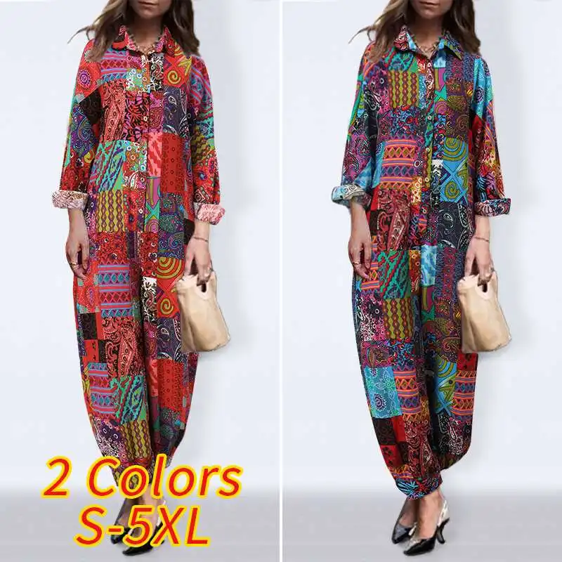 

Office Overalls Women Rompers Casual Pants Long Sleeve Lapel Neck Patchwork Playsuits VONDA Female Long Jumpsuits Plus Size