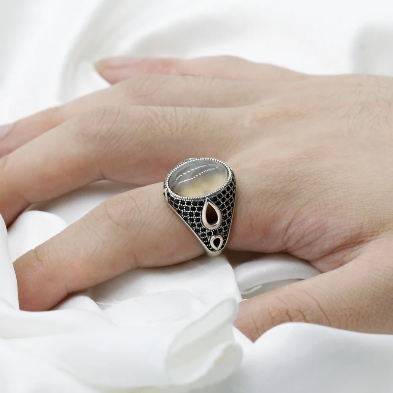 Черный Полированный Галечный пляж мужчины женщины кольцо из натуральной 925