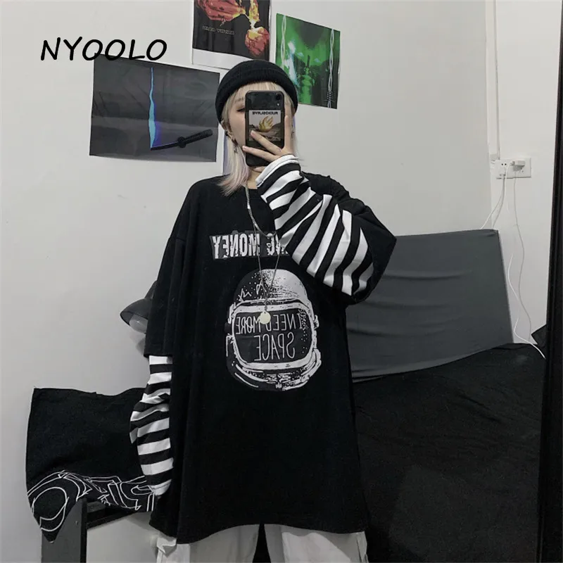 NYOOLO Autumn Vintage Pattern letters Printed fake 2 Pieces tee shirt Harajuku Style Loose Long Sleeve T-Shirt women men Top | Женская