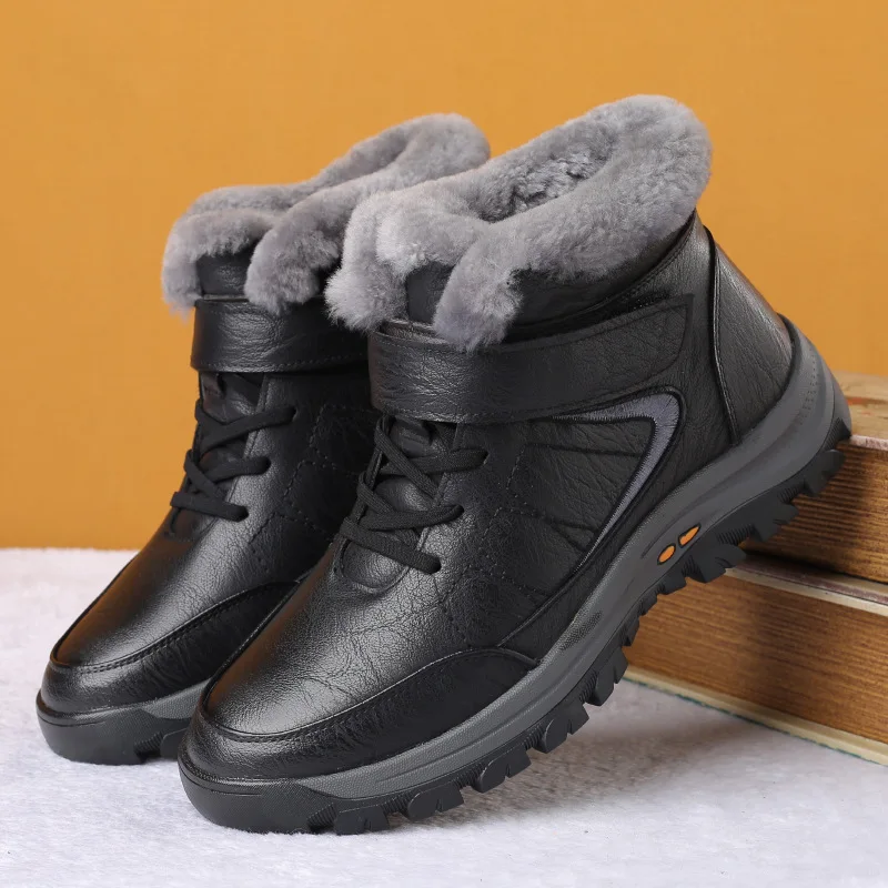 

Мужские зимние ботинки из натуральной кожи, теплые меховые кроссовки, высокие берцы 2021, плюшевые меховые мужские зимние ботильоны, кожаная ...