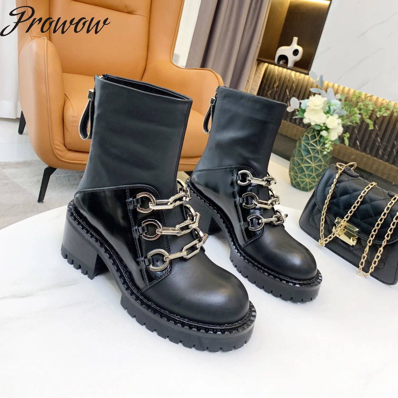 

Prowow New Genuine Leather Platform Chain Boots Round Toe Designer Comfortable Boots Botas Mujer Shoes Women