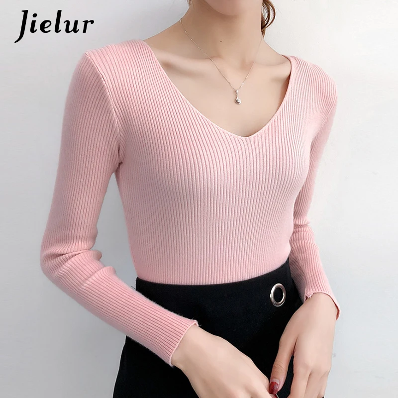 Jielur модные тонкие однотонные свитера для женщин шикарный v-образный вырез