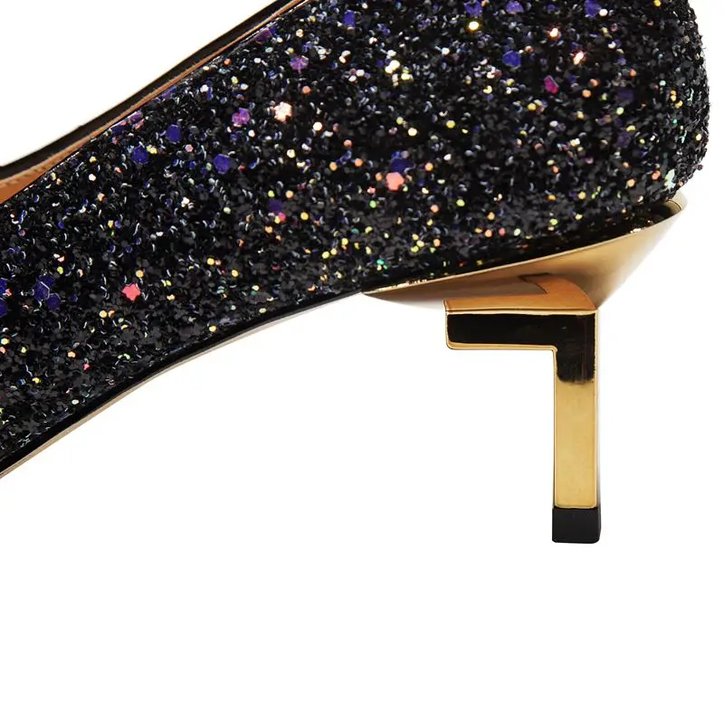 

ALLBITEFO Round metal design bling + genuine leather high heels golden heel fashion party wedding shoes pumps women heels shoes