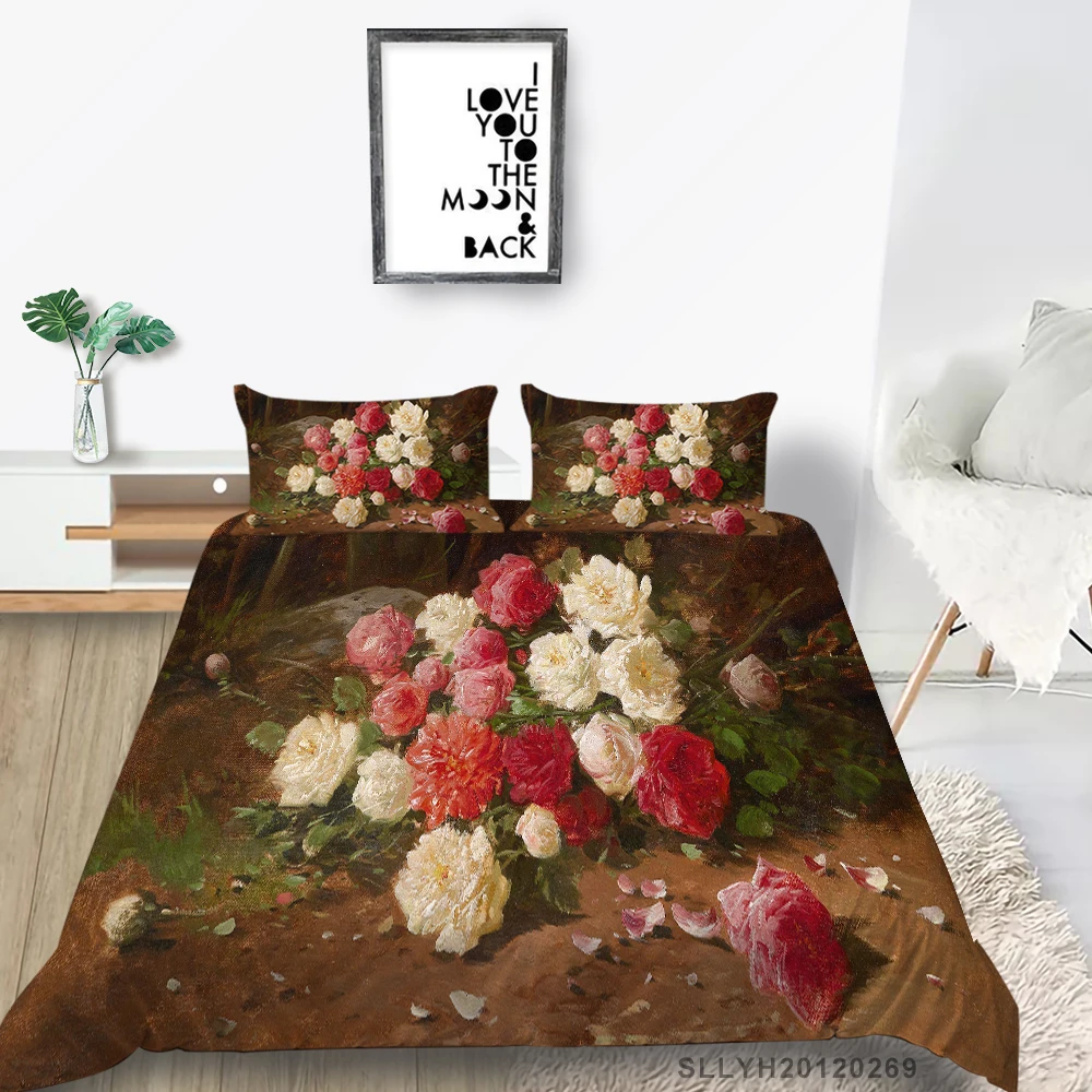 

Hot Sale Bedding Set Rose Bouquet Beautiful Duvet Cover Single Double Twin Full Queen King Colorful Bed Set For Girls