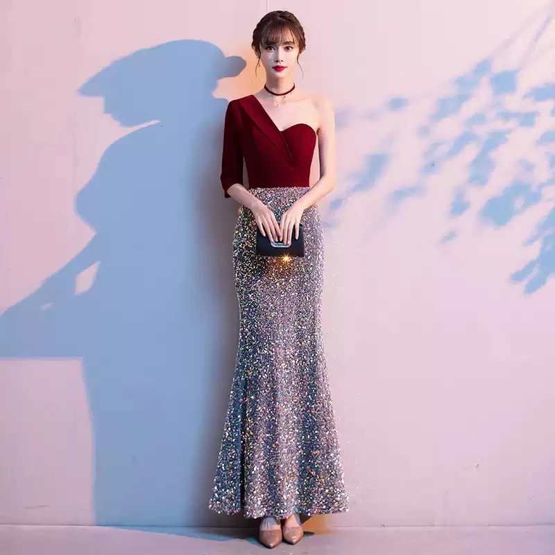 

Elegant One-Shoulder Evening Dress Simple Half Sleeves Ankle-Length Mermaid Sequins Pleat Plus size Women Formal Party Gown C726