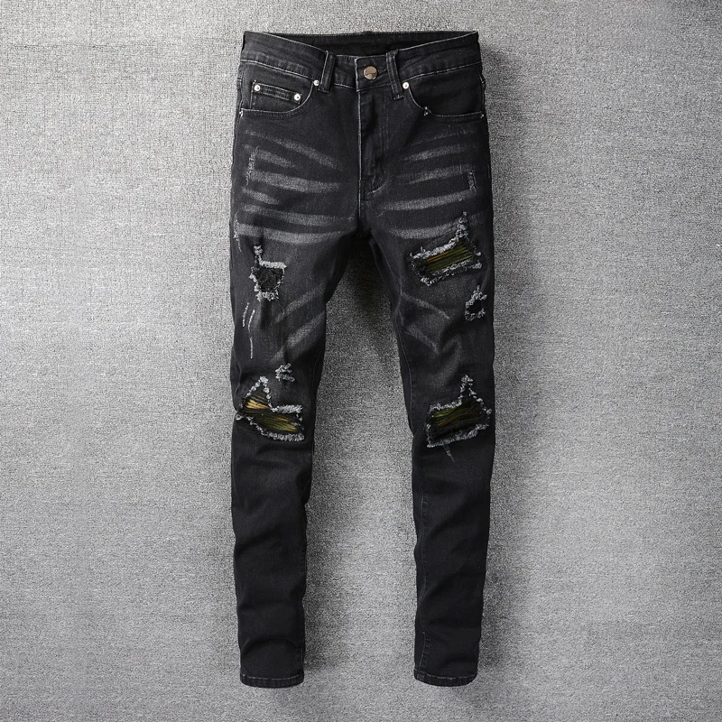 

American Street Fashion Men Jeans Retro Black Gray Elastic Slim Fit Ripped Jeans Men Patches Designer Hip Hop Denim Punk Pants