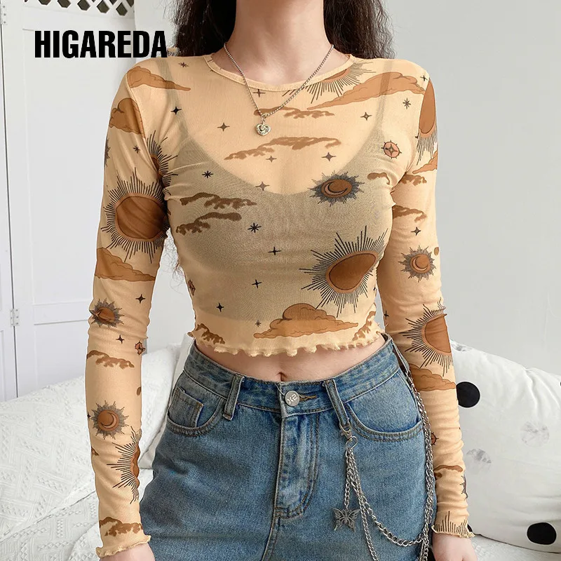 

HIGAREDA Sexy Mesh Long Sleeve T-shirt Women Harajuku Transparent Crop Top T Shirt Ladies Print Streetwear Summer Spring 2020