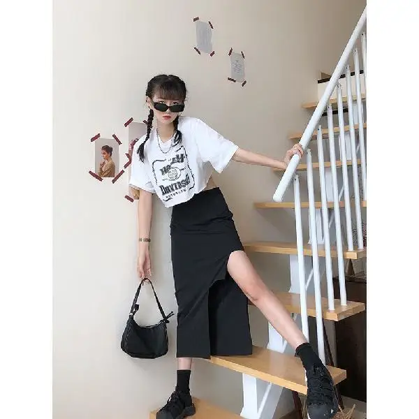 

Women's 2020-Inch Black Asymmetric Skirt A- Line Split Dress Woman Skirts Mujer Faldas Saias Mulher