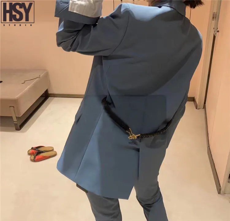 【HSY】 осенние новые женские костюмы высокого качества манжеты разрезы на заказ ремень камвольная ткань синий Повседневный Блейзер комплект Портной брюки костюм
