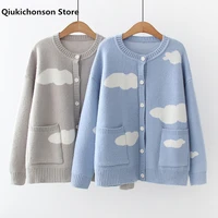 autumn winter women sweater korean fashion preppy style kawaii white clouds pattern button up knit cardigan coat vesten dames