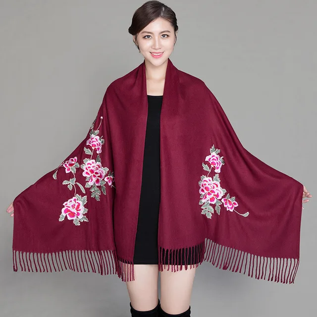 wine red Для женщин кашемировые шарфы платье с цветочным узором и вышивкой из пашмины 200*70 см длинные мягкие палантины теплые Женская зимняя обувь шали - Цвет: wine red