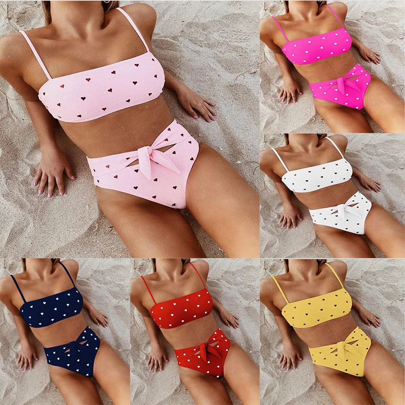 

2021 New Female Split Swimsuit Two-piece Suit Love Printed Swimsuit Female Bikini Beach Fashion Tight Swimsuit Suit Mini Bikini