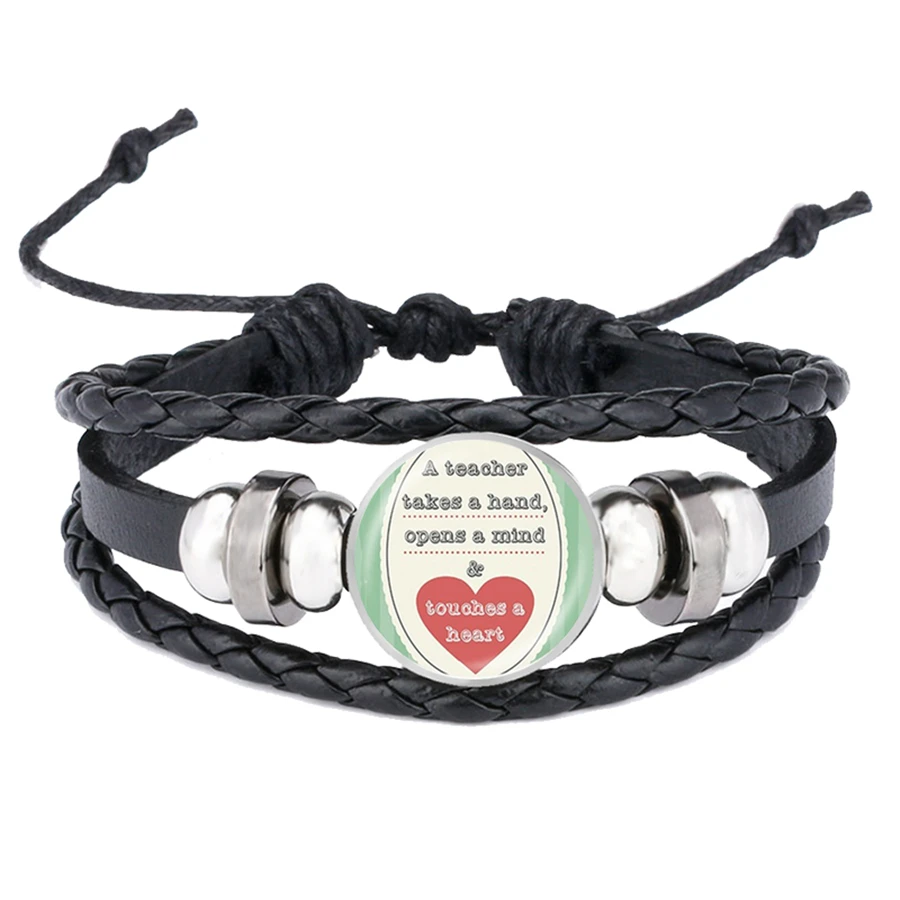 Super Teacher Bracelets Teaching Is A Work of Heart Glass Gems Leather Bracelet Teacher's Day Gift Snap Button Jewelry | Украшения и