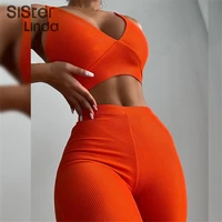 sisterlinda casual fitness ribbed tracksuit 2 piece set women skinny stretchy v neck tank topleggings activity matching outfits