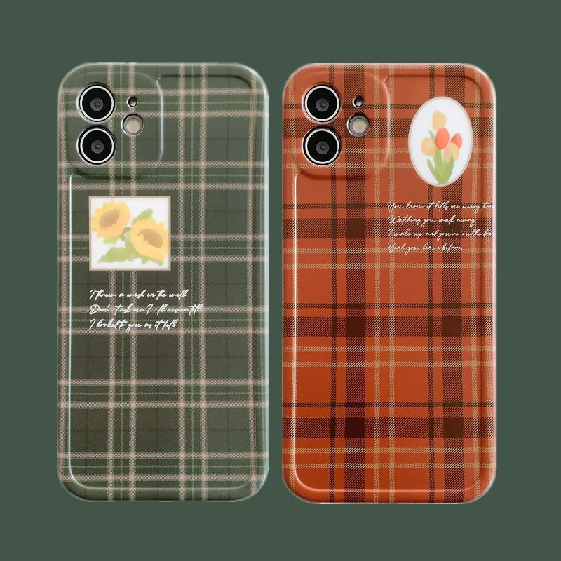 

Retro plaid art tulip yellow flowers japanese Phone Case For iPhone 12 11 Pro Max Xr Xs Max 7 8 Plus 7Plus case Cute Soft Cover