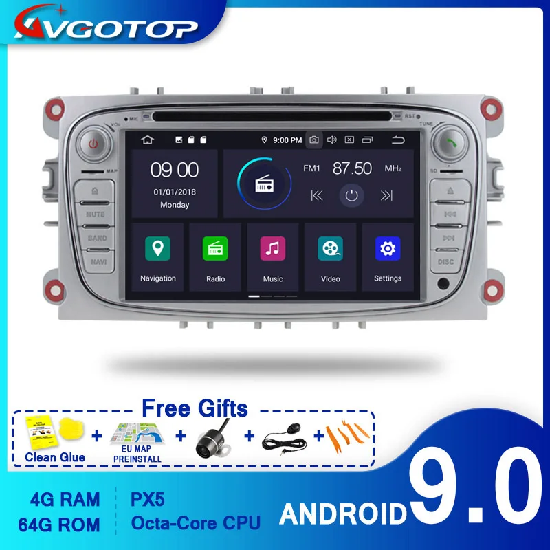 AVGOTOP 2 + 16 ГБ/4 64 ГБ Android 9 Bluetooth GPS Автомобильный плеер мультимедиа для FORD Mondeo/Focus/S
