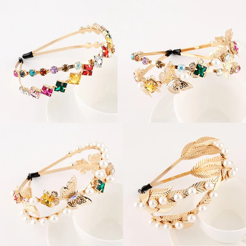 

Handmade Rhinestone Pearl Crossed Alloy Headband Headwear Wedding Hair Hoop Headwear Retro Alloy Gem Headband Hairband Wholesale