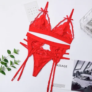 Lace Bra and Panty Set Women Garters Push Up Lingerie Bralette Thong Panties G-string Wire Free Underwear Bra & Brief Sets