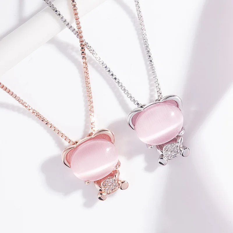 

Natural Pink Jade Agate Cute Bear Pendant 925 Silver Necklace Fashion Charm Jewelry Amulet Gifts for Women Her