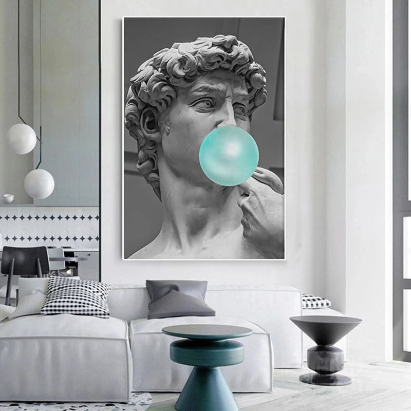 

Classic Michelangelo's Masterpiece Statue of David Teal Blue Bubble Gum Canvas Painting Famous Statues Wall Picture Home Decor