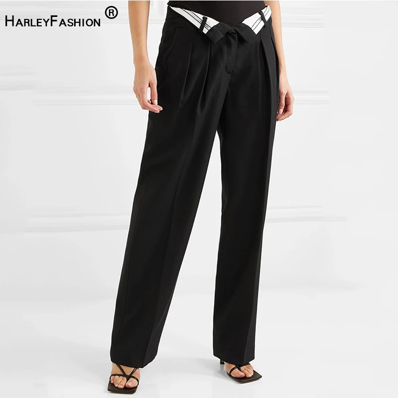 Женские свободные длинные брюки HarleyFashion уличные дизайнерские черно белые