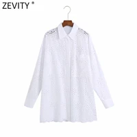 zevity 2021 women sexy hollow out embroidery white smock blouse office lady pocket casual shirt chic loose blusas tops ls9459