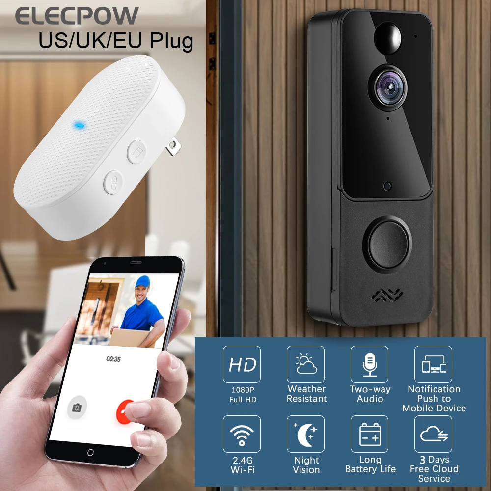 

Беспроводной дверной звонок Elecpow T9 для умного дома, Водонепроницаемый дверной звонок с Wi-Fi, камера безопасности, видеодомофон 1080P HD, ИК, ночно...