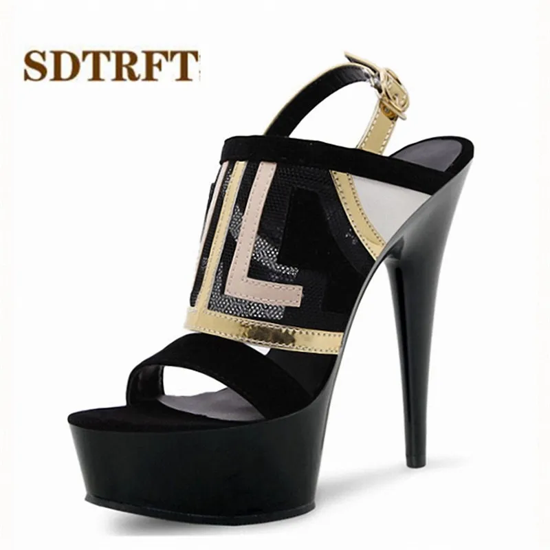 

SDTRFT Pumps Platforms women shoes 15cm Thin heels zapatos mujer feminino sliver mesh Black Crossdresser Stiletto mature high