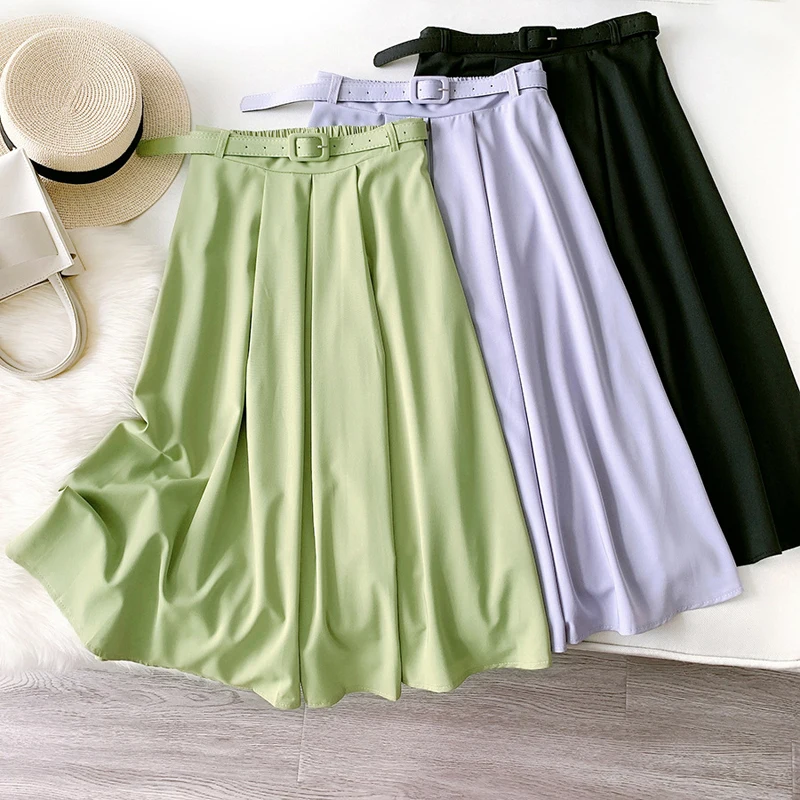 

Wasteheart summer New Black Green Skirts Women Fashion Mid-Calf Length Skirt All-match Polyester Clothing Sexy A-Line Skirts