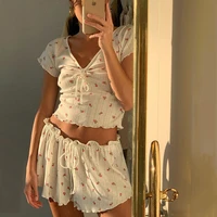 white cute women set two pieces flore print casual sets knitted t shirts 2021 summer high waist stretchy shorts home wear suits