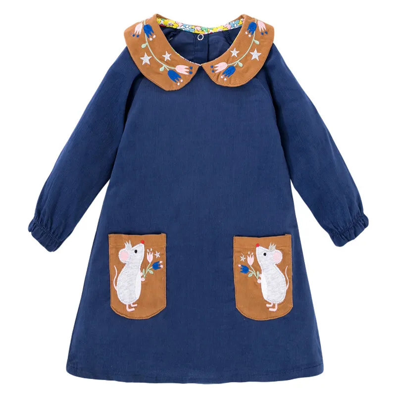 Jumping meters New Cotton Corduroy Princess Girls Dresses for Autumn Winter Kids Pockets Animal Applique Collar Fashion Dress | Детская