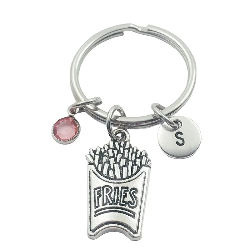 

French Fries Initial Letter Monogram Birthstone Keychains Keyring Creative Fashion Jewelry Women Gifts Accessories Pendant