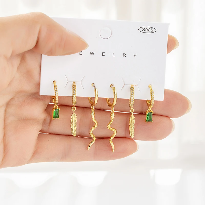 

6 Pcs Set Fashion Green Zircon Snake Pendant Drop Earrings Exquisite Leaf Small Hoop Earrings for Women Jewelry Set Accessories