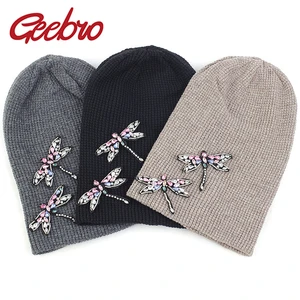 Шапки Geebro женские, стразы, стрекозы, вязаные, из мягкого хлопка, шерсти, стрейч, в рубчик