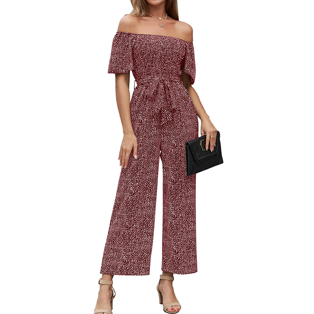 

Women's Jumpsuits Floral Short Sleeve Sexy Off Shoulder Casual Romper Fashion Belt High Waist Wide Leg Pants Jumpsuit