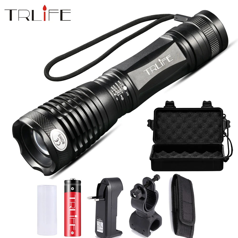 

8000LM LED Power Flashlight Adjustable Focal Lamp T6 Rainproof Tactical Torch for Camping Light Use Rechargeable 18650 Battery