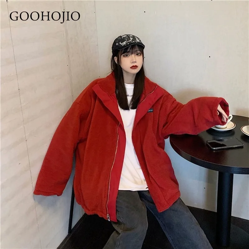 

GOOHOJIO 2020 New Autumn Winter Lambswool Parkas Women All-match Solid Color Women Coats Loose Chic Oversize Parka for Women