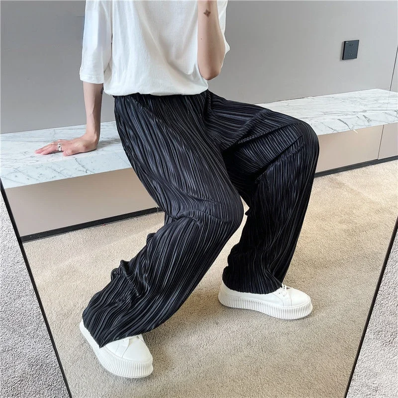 

ZCSMLL Men Black Pleated Pants Men's Summer New Korean Loose Casual Straight Wide Leg Pants Elastic Waist 2021 New Pants