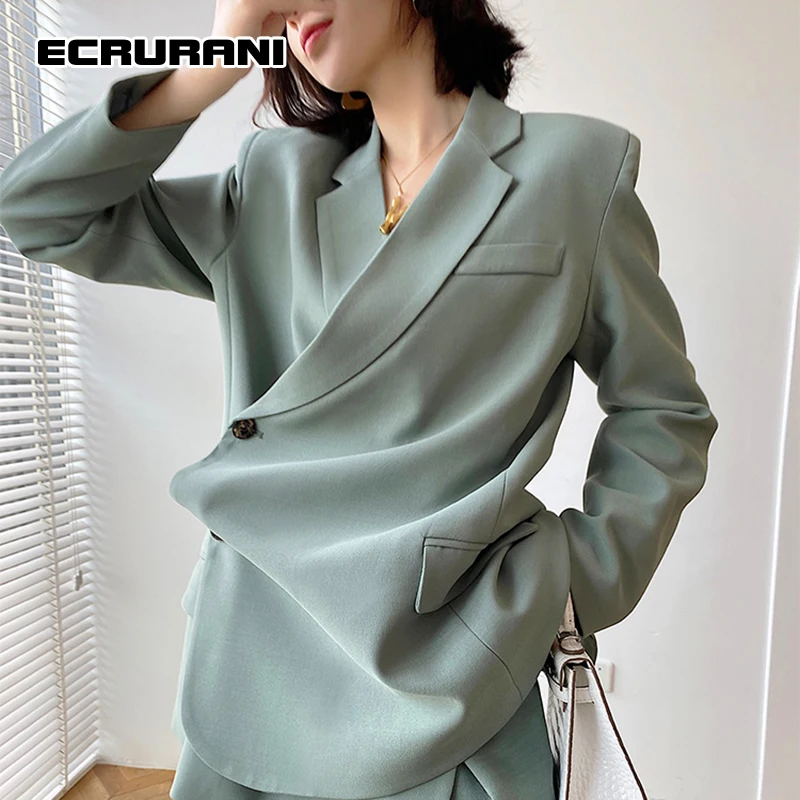 

ECRURANI Green Casual Blazer For Female Notched Long Sleeve Straight Slit Pocket Solid Blazers Women's 2021 Autumn New Clothing