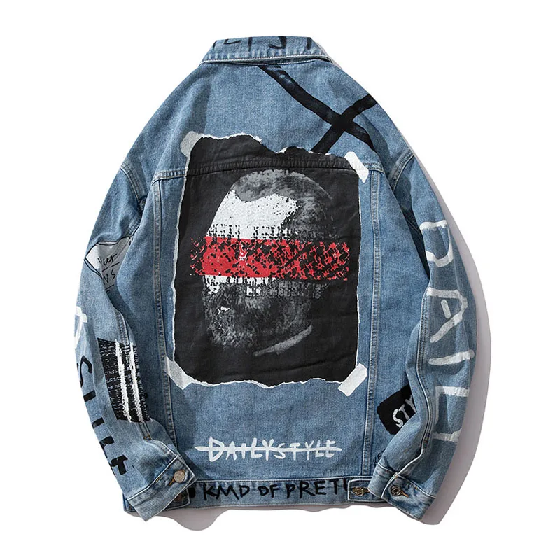 

Denim Jacket Chaqueta Hombre Bomber Jacket Coats Harajuku Letter Character Mens Jeans Jacket Oversize Hip Hop Blue Jaqueta Mascu