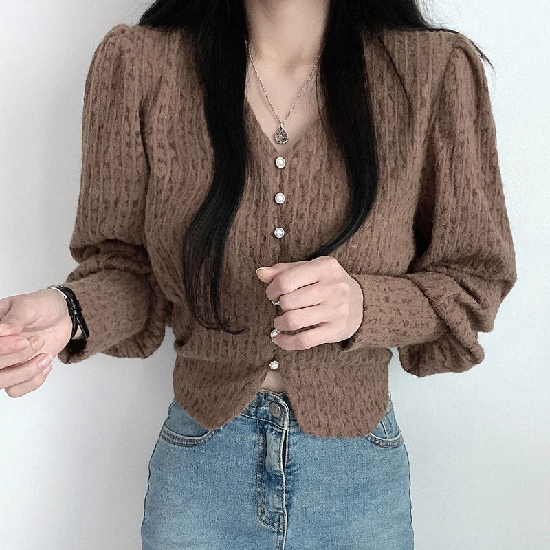 

Retro Shirt Women's Long-sleeved V-neck Single-breasted Solid Color Korean Fashion Chic Elegant Casual Top Button Up White Shirt