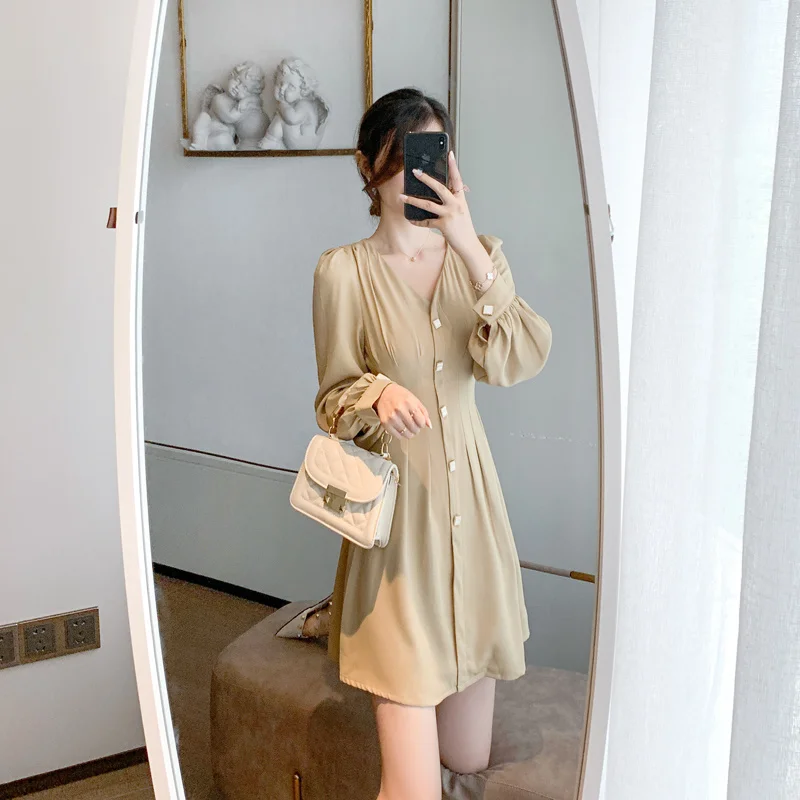 

CMAZ 2021 Autumn New French Retro Waist-Controlled Dress Long Sleeve Dress